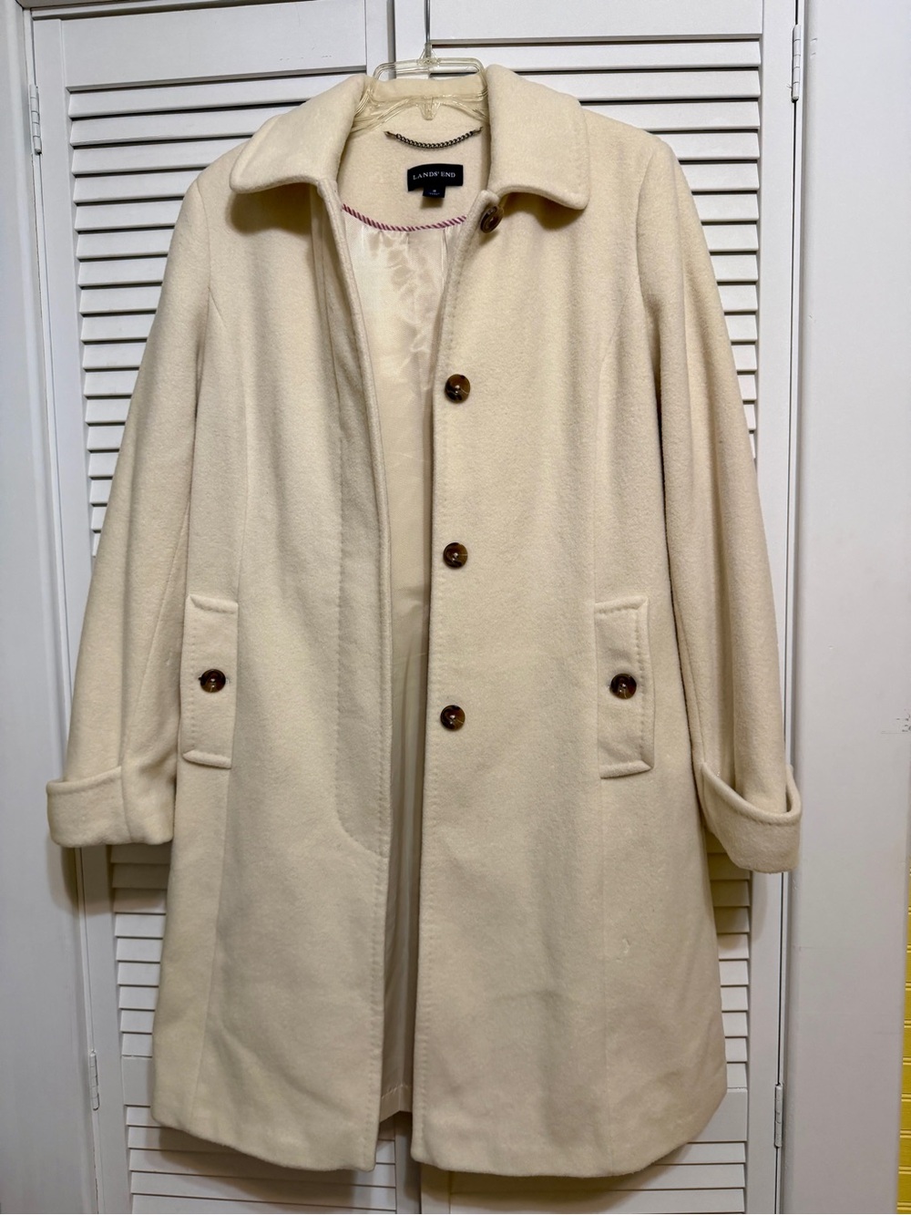 Lands' End Cream Single-Breasted Wool-Blend Pea Coat size 8